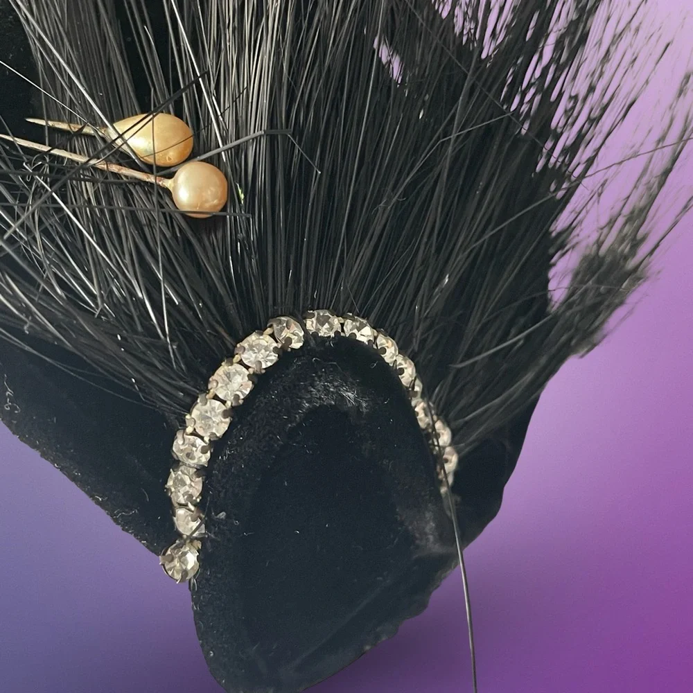 Vintage 50’s 60’s Black Velvet Fascinator Derby Hat Feather, Rhinestone Details